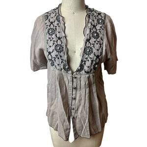 Faith Connexion Tan Black Eyelet Short Sleeve Plunge Neck Blouse Top Women's M